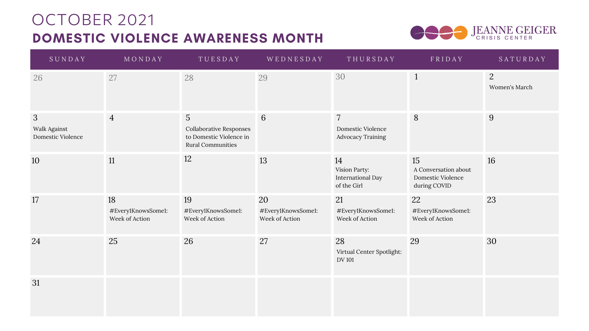 Domestic Violence Awareness Month Calendar 2021